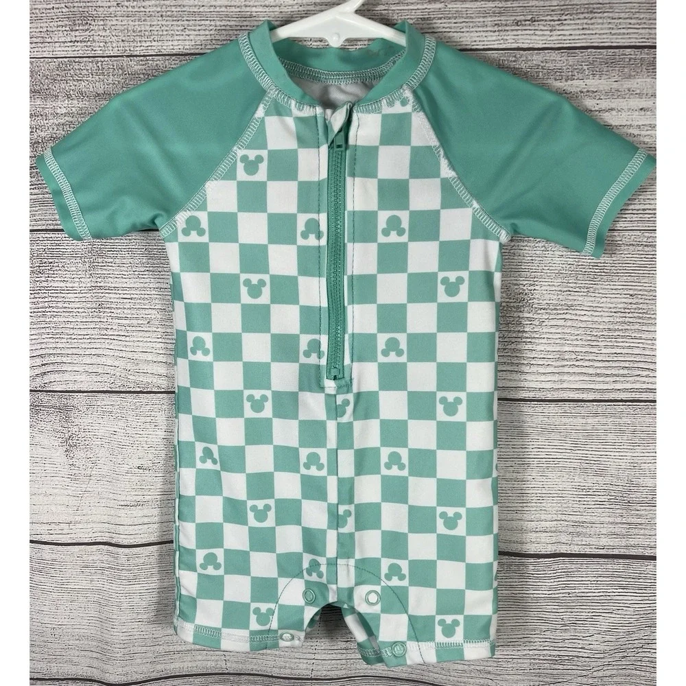 Disney Baby Mickey Mouse Check Zip-Front Snap Bottom Short Sleeve Swimsuit 6/9M